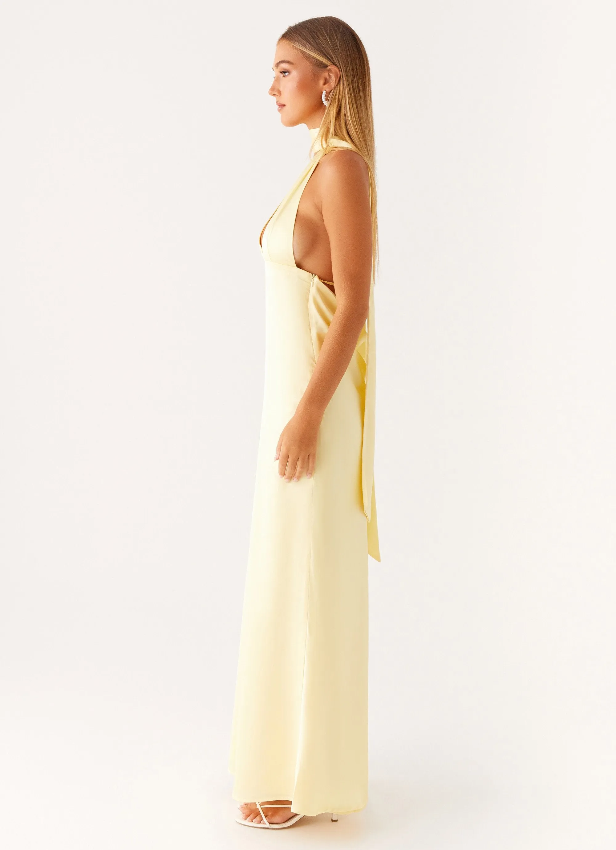 Layered Hemline Moisture wicking Alicia Satin Halter Maxi Dress - Yellow