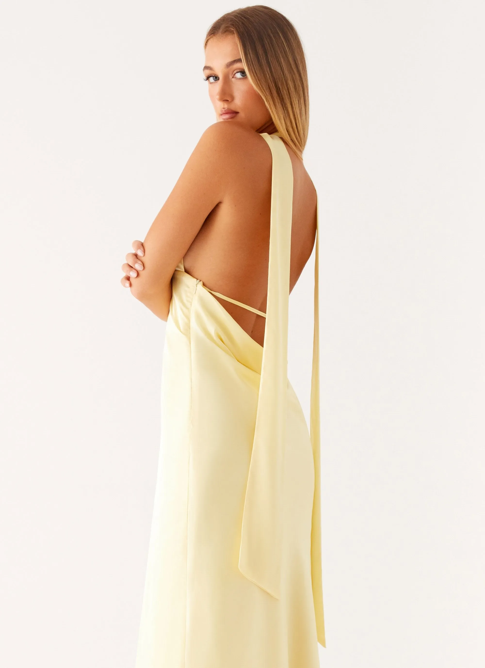 Alicia Satin Halter Maxi Dress - Yellow Zip Front