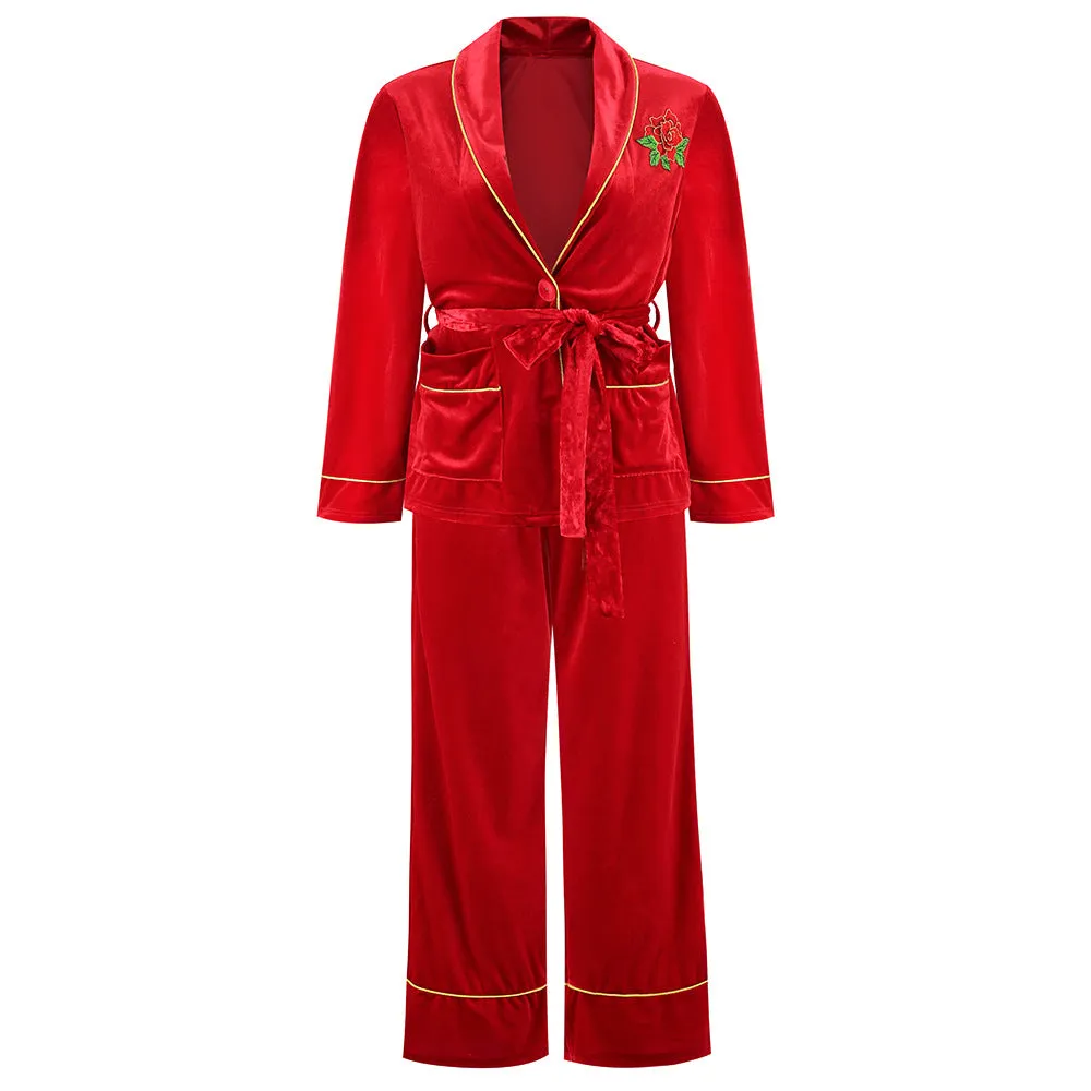 Rose Embroidered Gold Edge Pajama Set