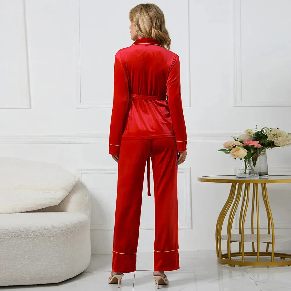 Rose Embroidered Gold Edge Pajama Set