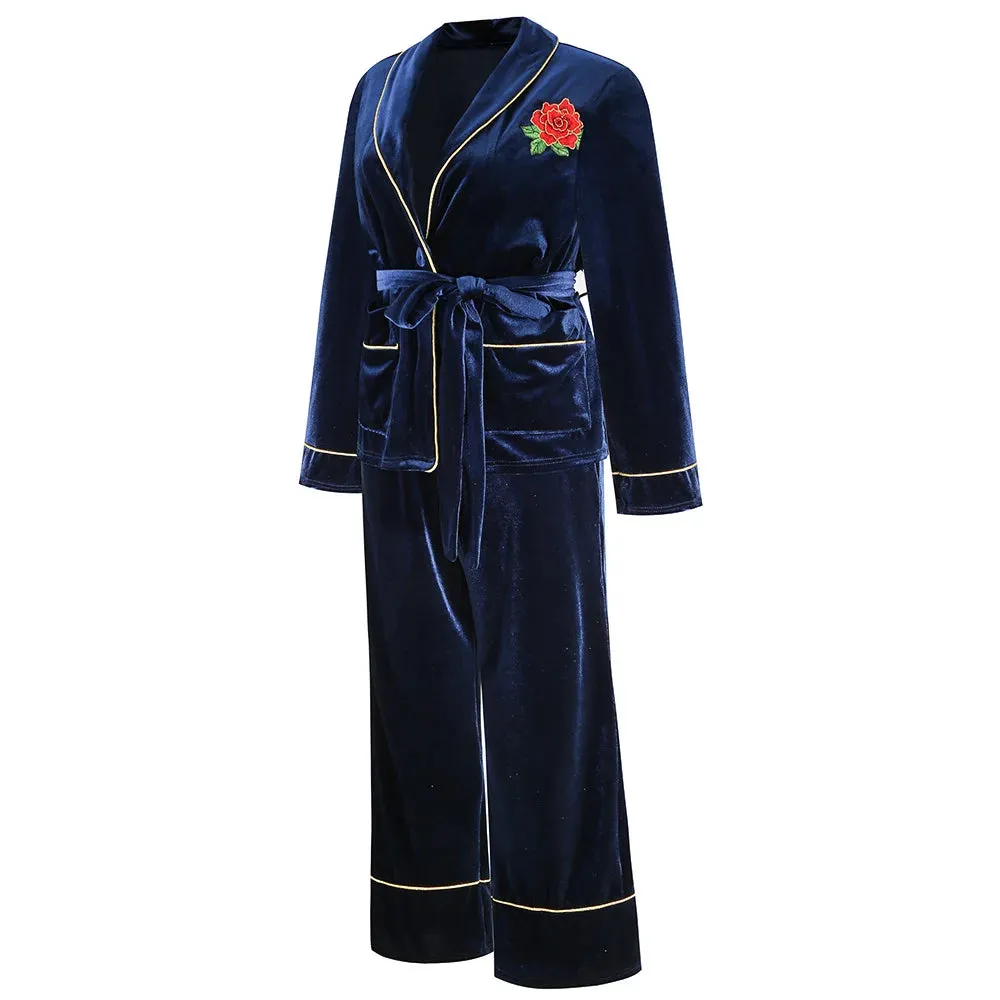 Rose Embroidered Gold Edge Pajama Set