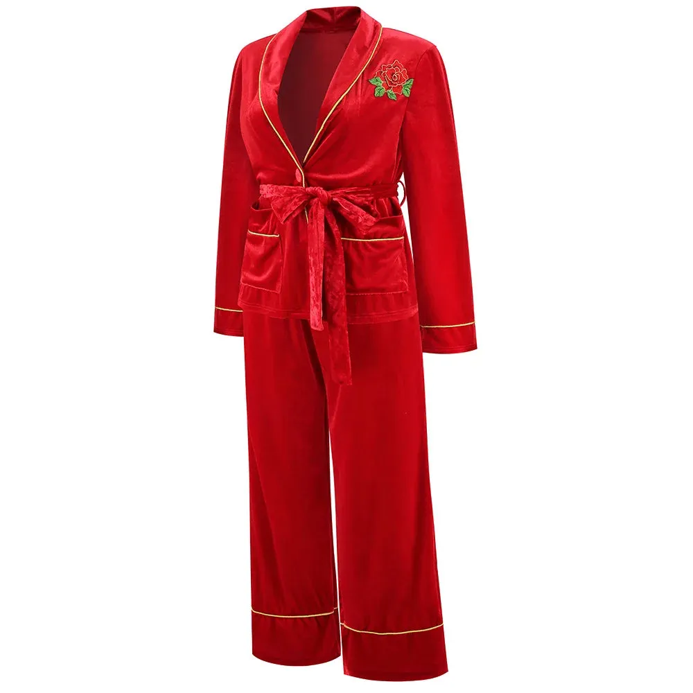 Rose Embroidered Gold Edge Pajama Set