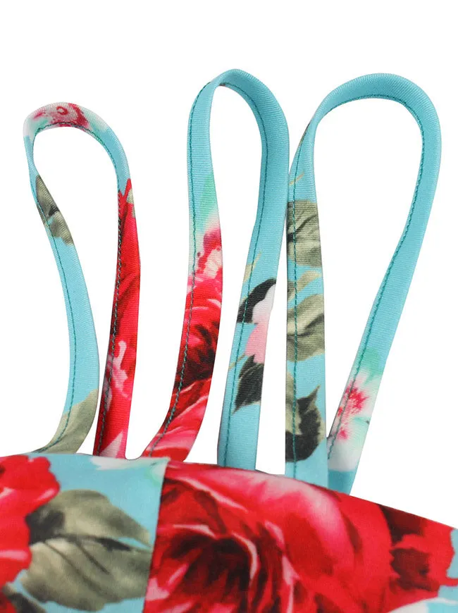 Rose Floral Print Spaghetti Straps High Waist Cotton Swing Dress