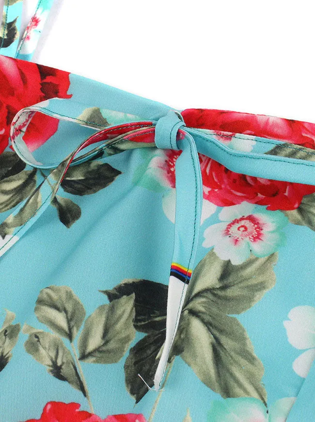 Rose Floral Print Spaghetti Straps High Waist Cotton Swing Dress
