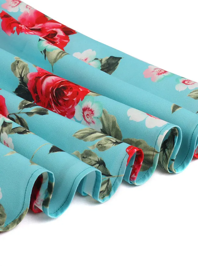 Rose Floral Print Spaghetti Straps High Waist Cotton Swing Dress