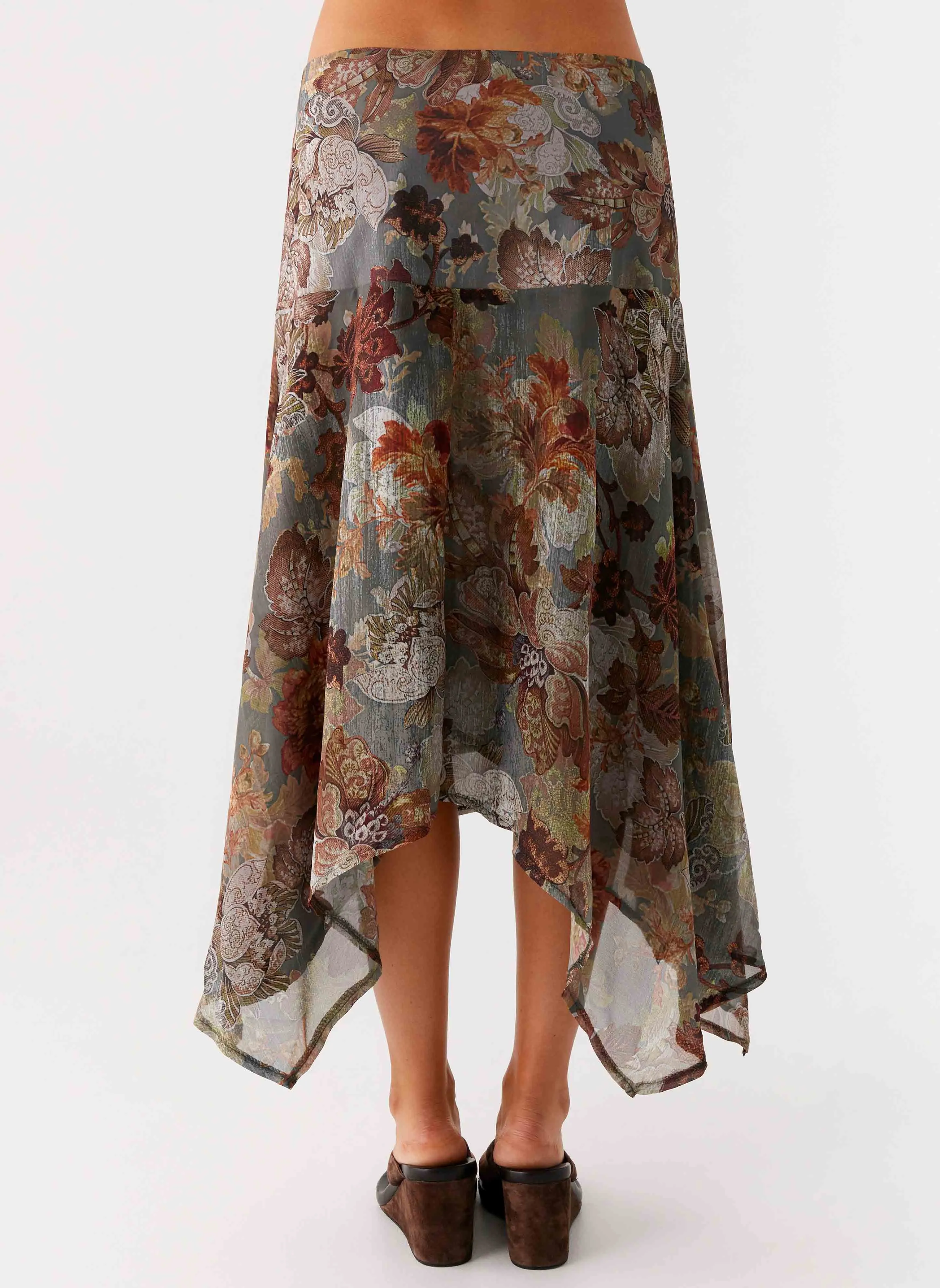Floral Pattern Detachable Detail Rosewood Low Rise Midi Skirt - Vintage Blossom