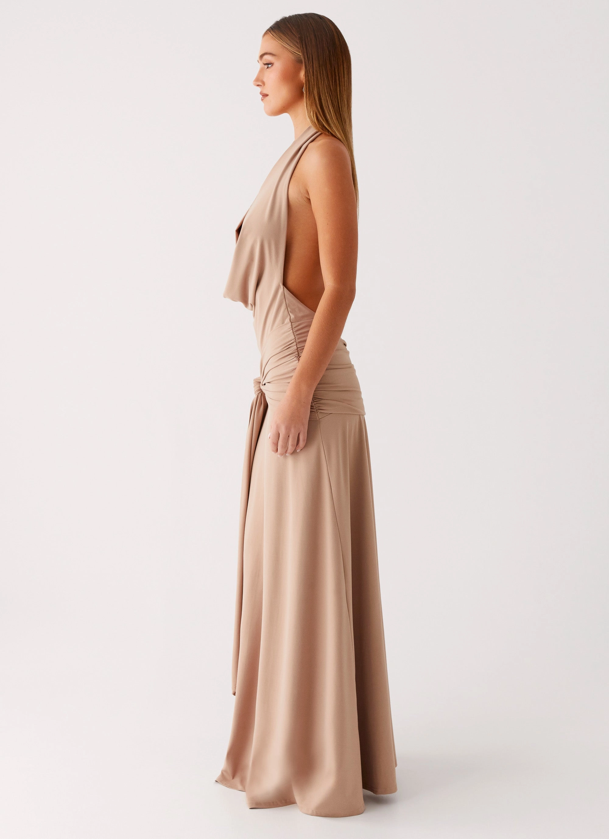 Rowan Ray Cowl Maxi Dress - Light Taupe Bodycon-Fit Clean Stitch