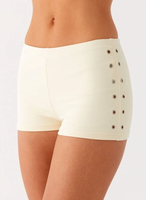 Roxy Mini Shorts - Muted Yellow Matte Fabric Knee Length
