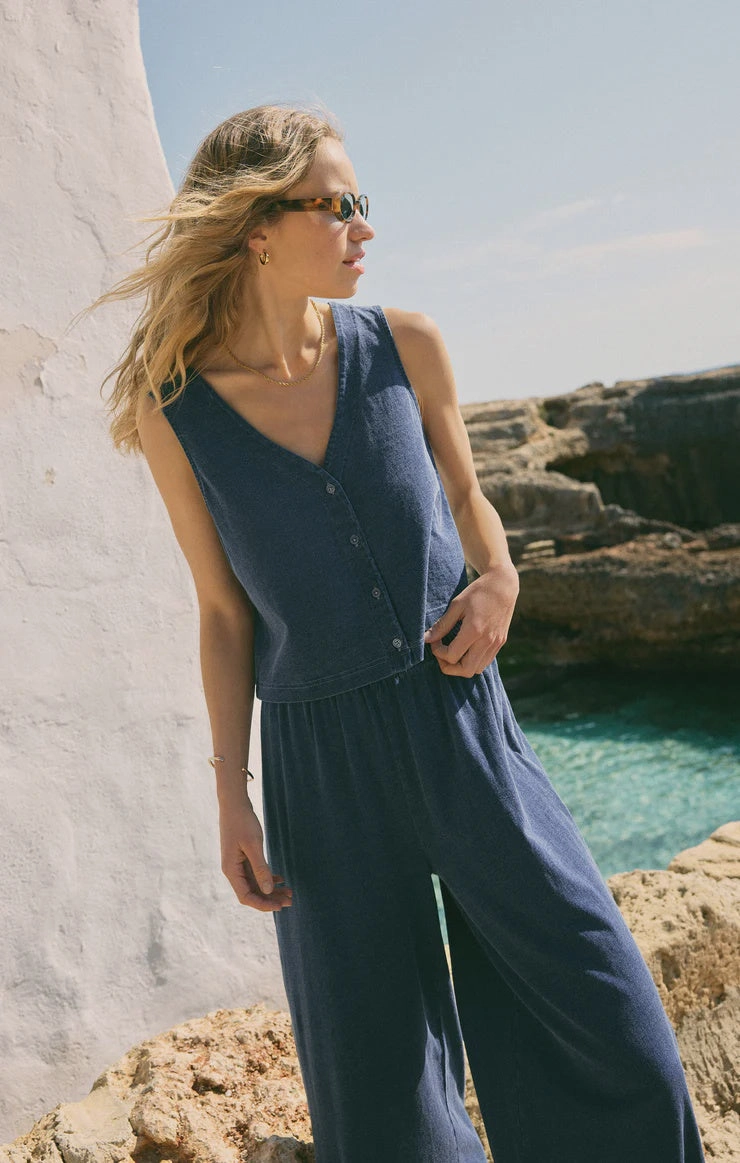 Solace Jersey Denim Top- Indigo WrinkleResistantTextile