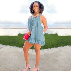 Ruffle Button Decor Spaghetti Straps Loose Mini Denim Dresses