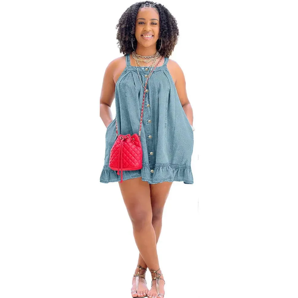 Ruffle Button Decor Spaghetti Straps Loose Mini Denim Dresses