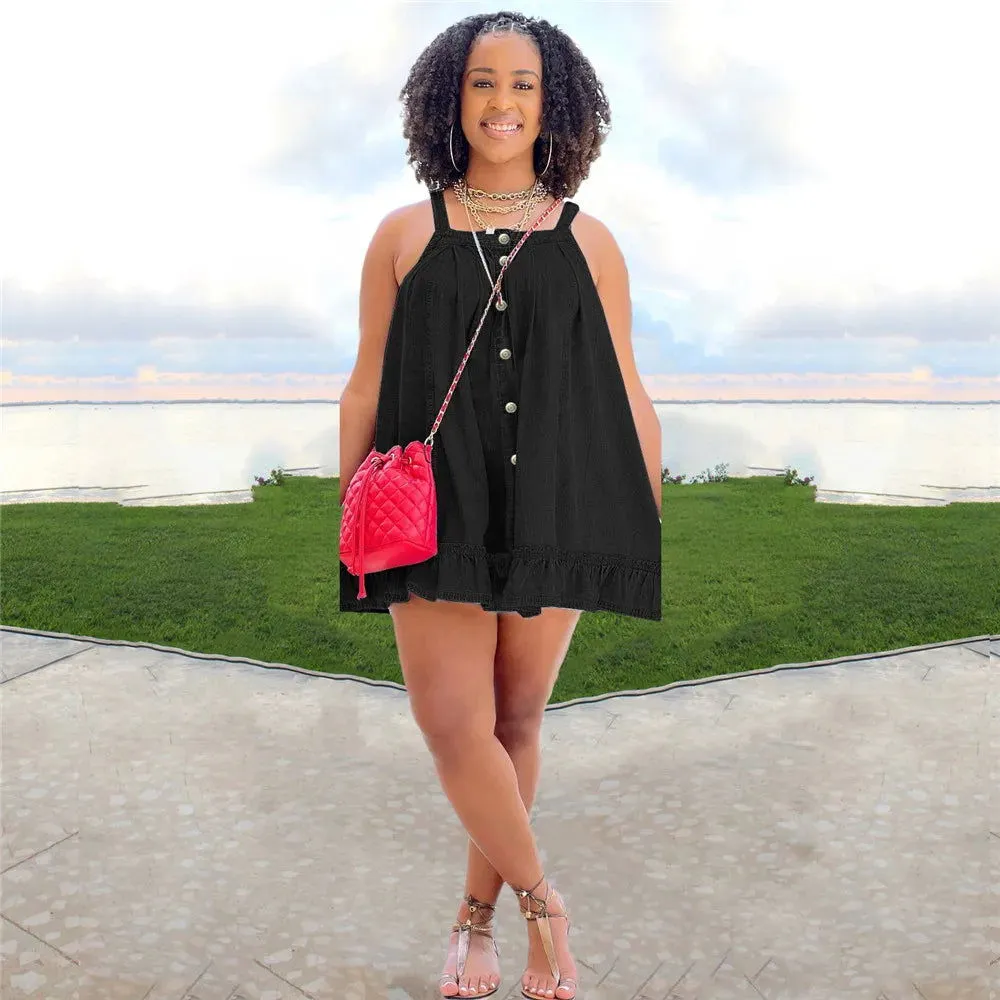 Ruffle Button Decor Spaghetti Straps Loose Mini Denim Dresses