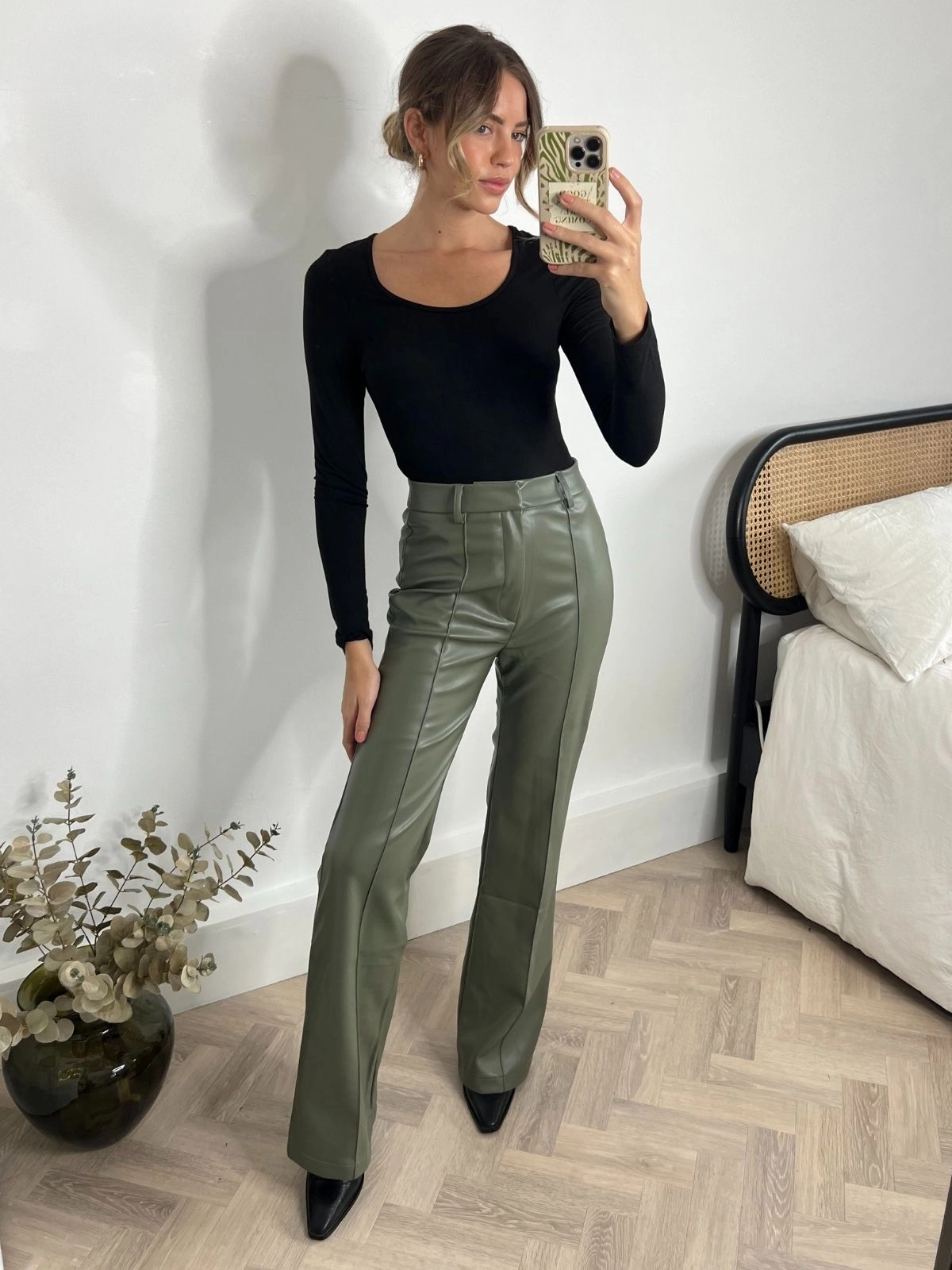 Alyssa PU Flare Trouser / Olive PU Laser cut