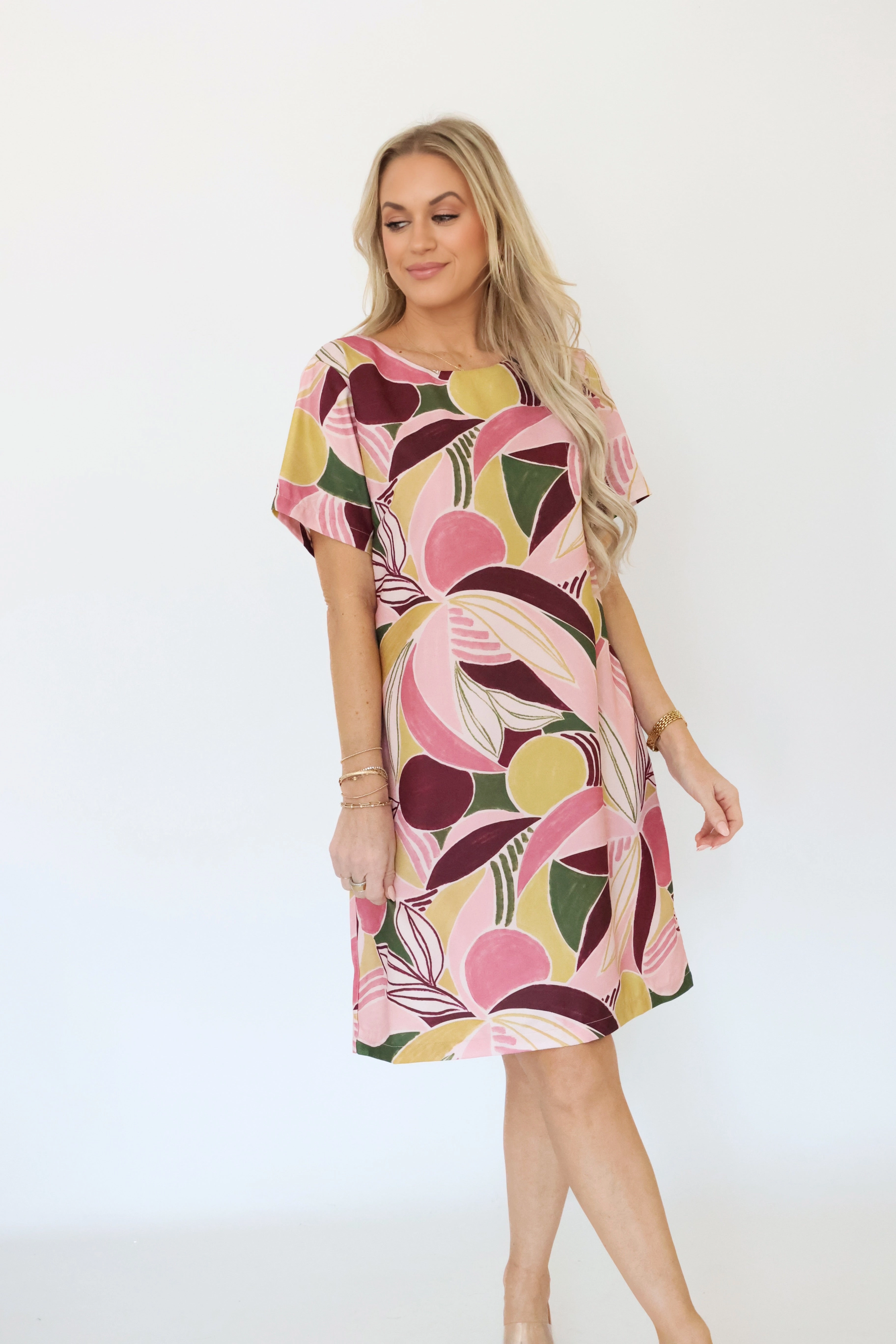 Stretch Knit Fabric Ribbed Hemline Running For Office Dress- Pink