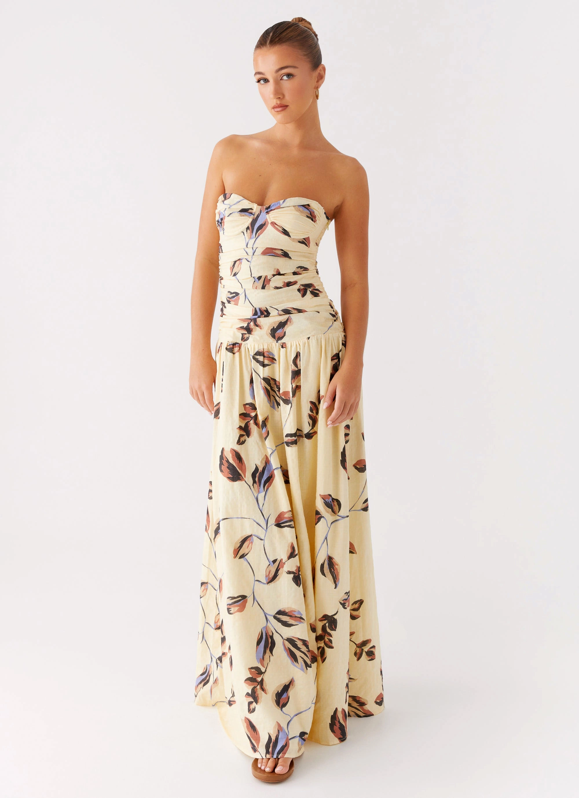 Rhea Ruched Maxi Dress - Buttercream Bliss Trendy wrap gown