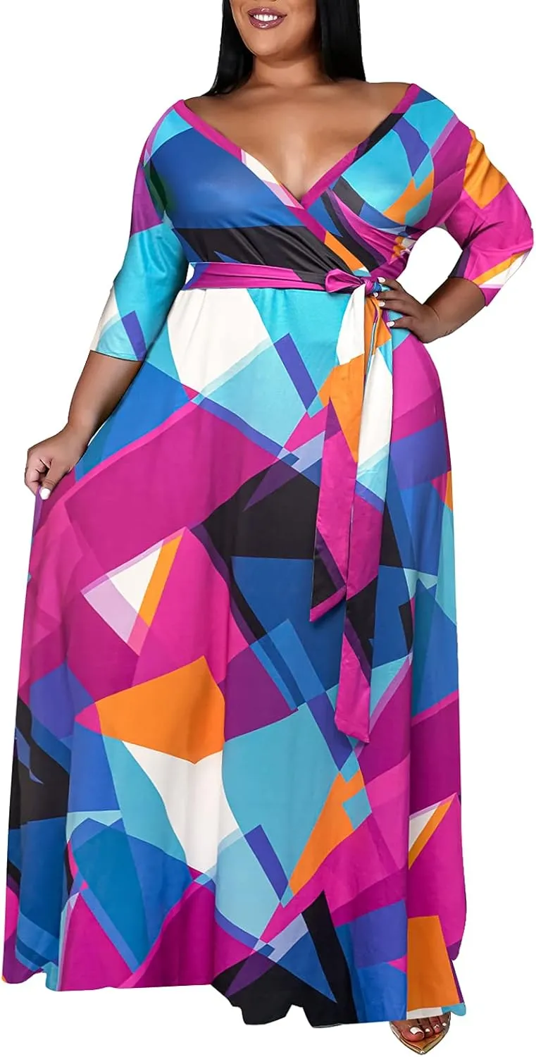 Runwind Plus Size Dresses for Women Floral Maxi Dress Flowy 3/4 Sleeve with Belt