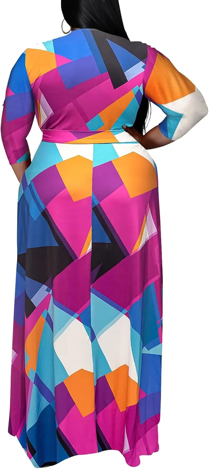 Runwind Plus Size Dresses for Women Floral Maxi Dress Flowy 3/4 Sleeve with Belt
