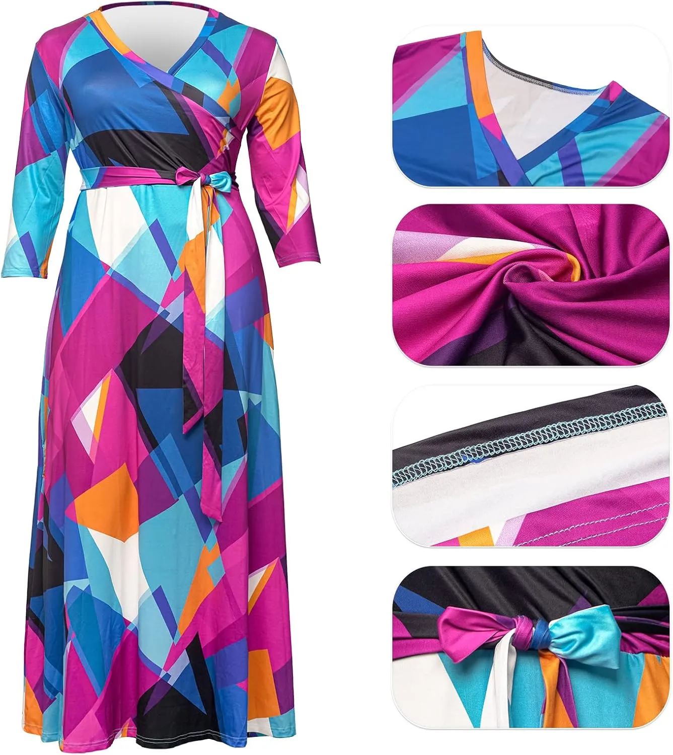 Runwind Plus Size Dresses for Women Floral Maxi Dress Flowy 3/4 Sleeve with Belt