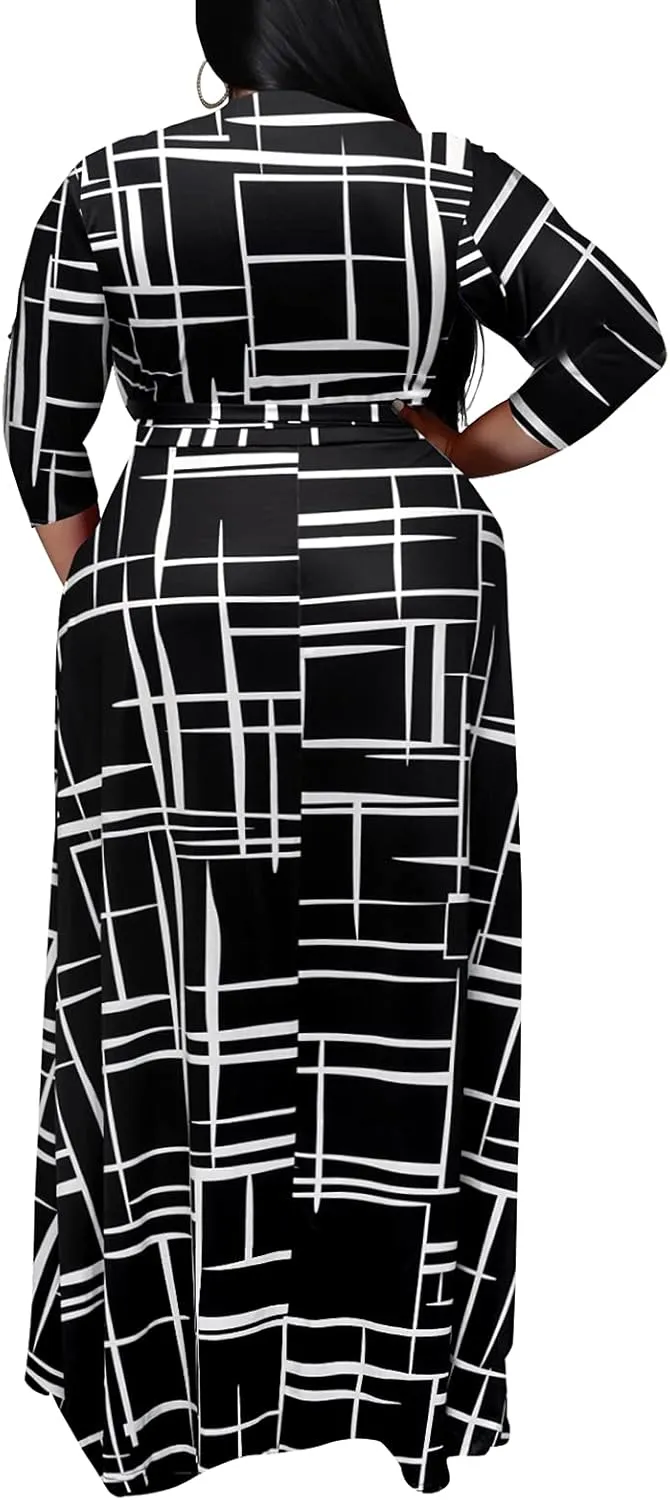 Runwind Plus Size Dresses for Women Floral Maxi Dress Flowy 3/4 Sleeve with Belt