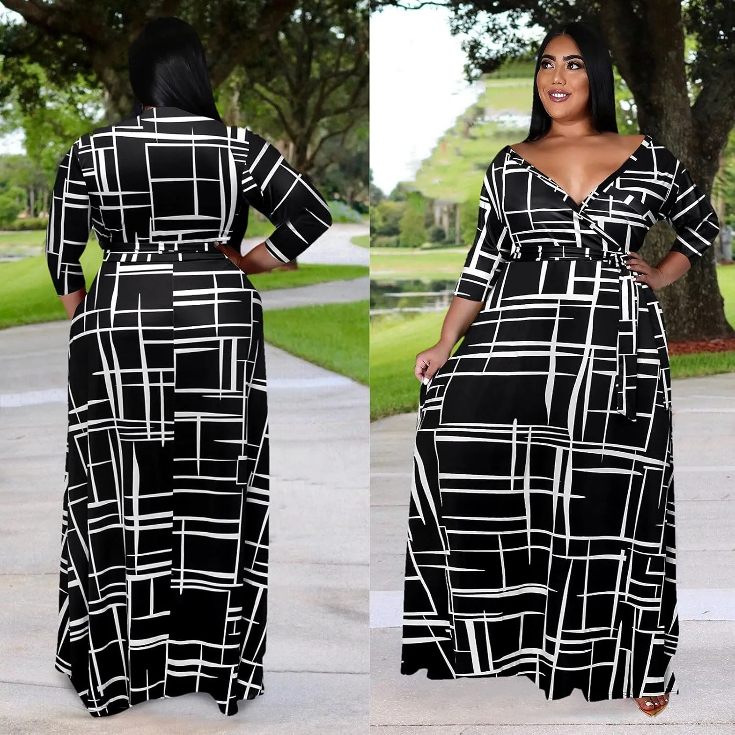 Runwind Plus Size Dresses for Women Floral Maxi Dress Flowy 3/4 Sleeve with Belt