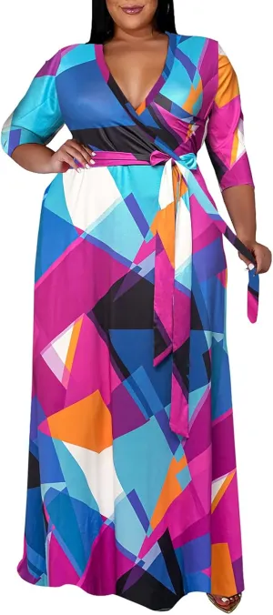 Runwind Plus Size Dresses for Women Floral Maxi Dress Flowy 3/4 Sleeve with Belt
