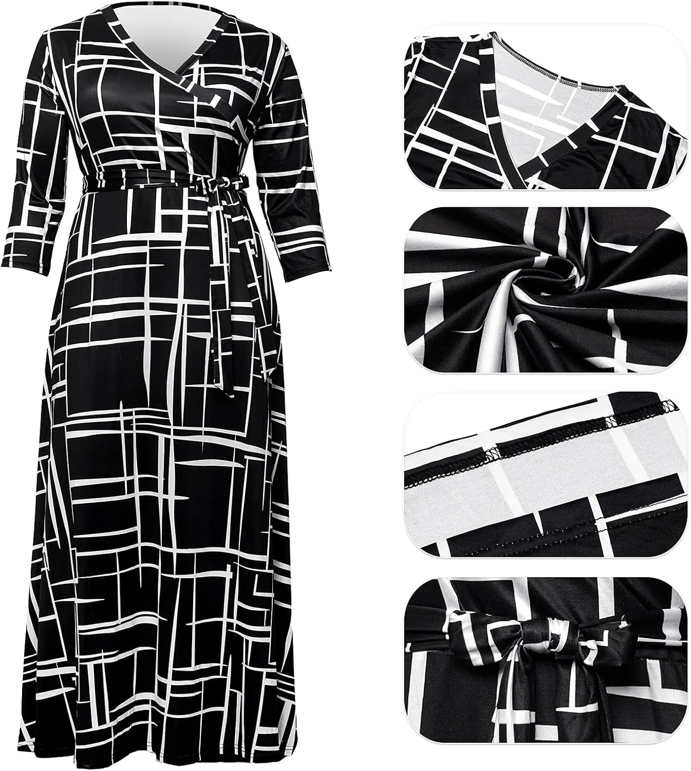 Runwind Plus Size Dresses for Women Floral Maxi Dress Flowy 3/4 Sleeve with Belt