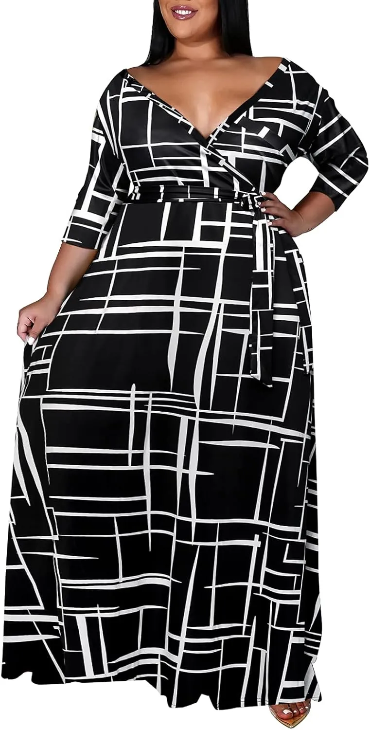 Runwind Plus Size Dresses for Women Floral Maxi Dress Flowy 3/4 Sleeve with Belt