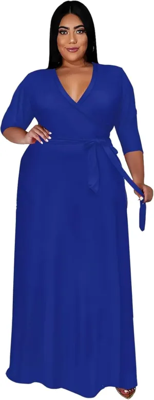 Runwind Plus Size Dresses for Women Floral Maxi Dress Flowy 3/4 Sleeve with Belt