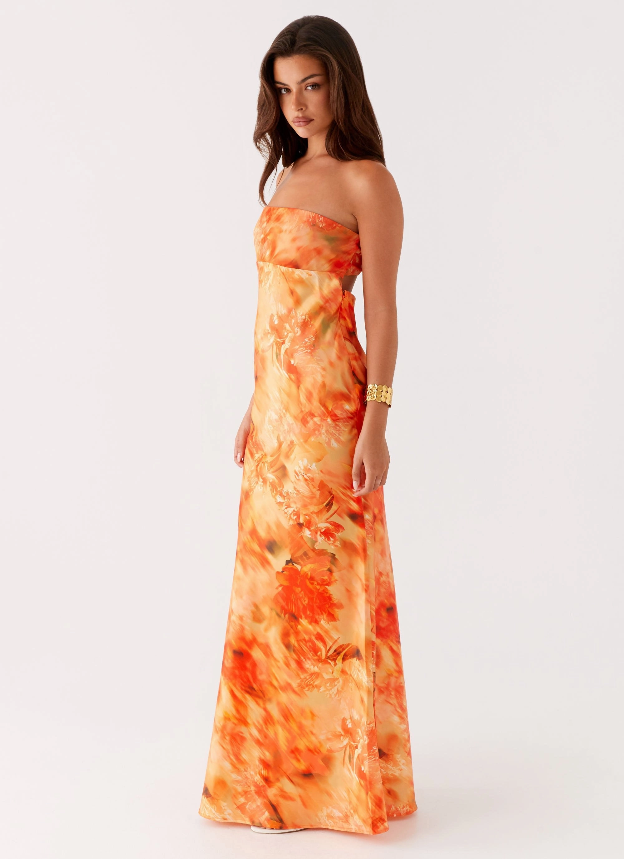 Soft Pleats Ruched-Detail Carmen Maxi Dress - Sunset Floral