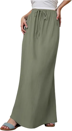 Rvidbe Womens Linen Maxi Skirts 2025 Summer Casual Vacation Boho Elastic Waist Drawstring Flared Flowy A-Line Long Skirt