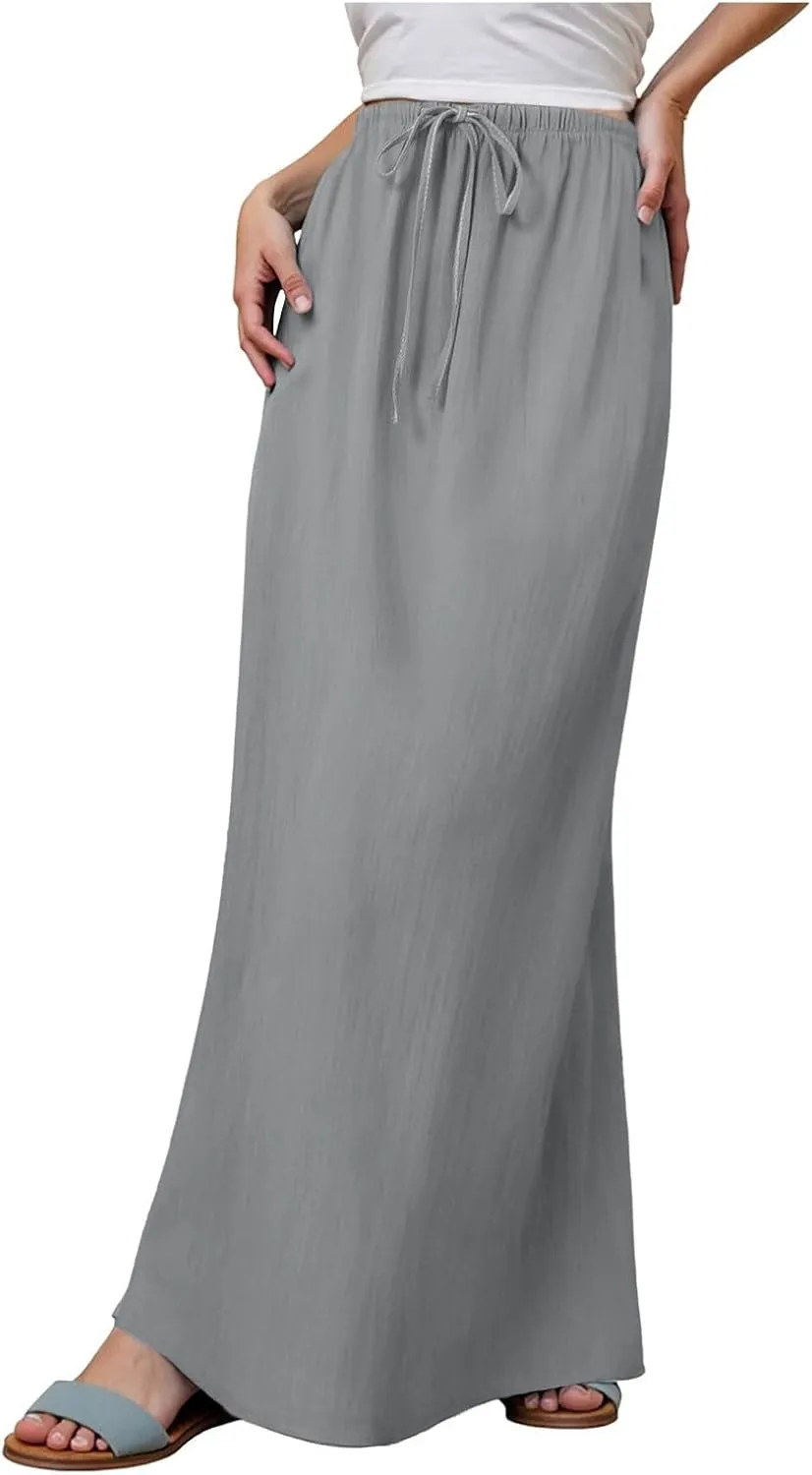 Rvidbe Womens Linen Maxi Skirts 2025 Summer Casual Vacation Boho Elastic Waist Drawstring Flared Flowy A-Line Long Skirt