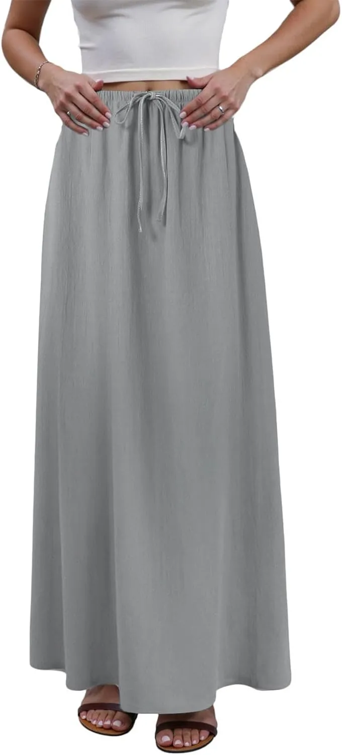 Rvidbe Womens Linen Maxi Skirts 2025 Summer Casual Vacation Boho Elastic Waist Drawstring Flared Flowy A-Line Long Skirt