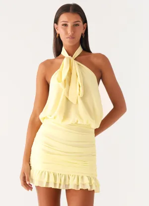 Saebi Tie Neck Mini Dress - Lemon Quick Release Cuffs Unisex style