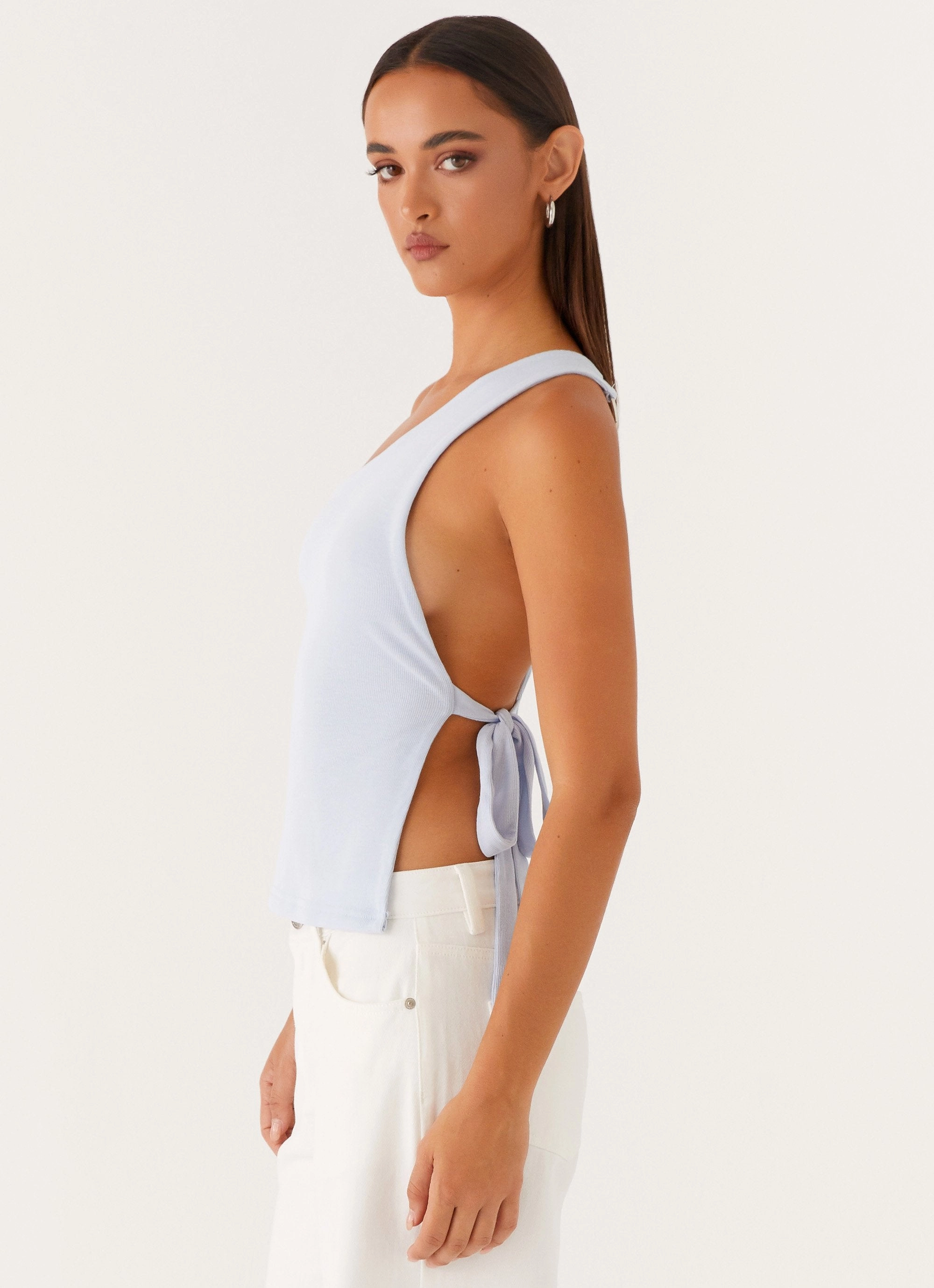 Safiya One Shoulder Top - Blue Curved Hem High Neckline Structure