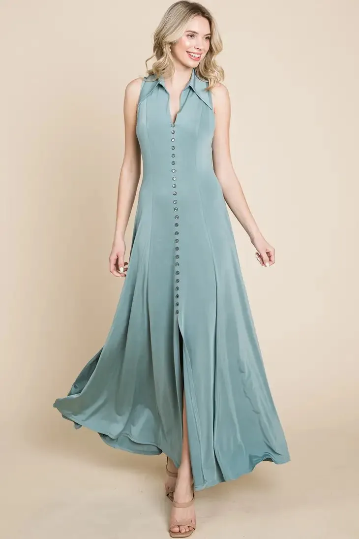 Sage Green Plus Size Maxi Button Down Collared Dress