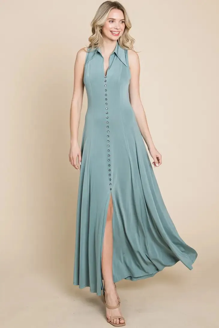 Sage Green Plus Size Maxi Button Down Collared Dress