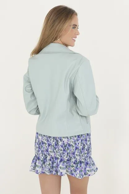 SAGE GREEN PU LEATHER ZIP THROUGH BIKER JACKET