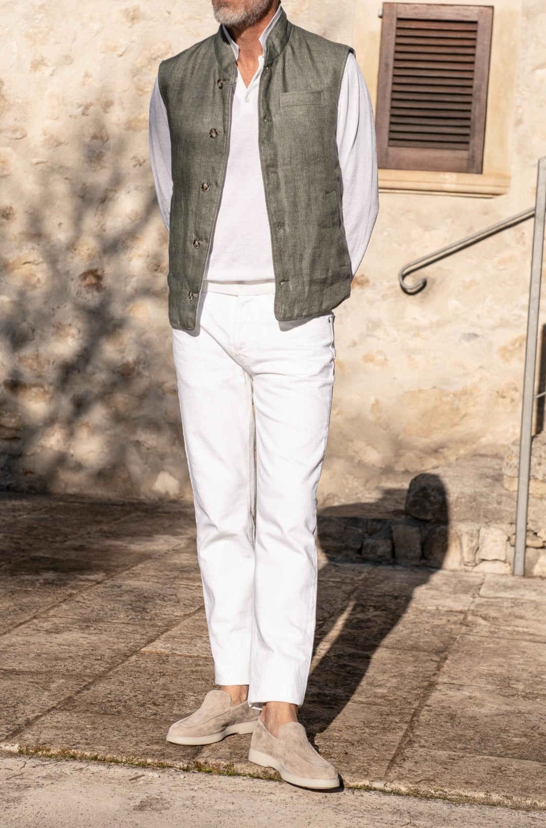 Sage linen reversible down vest ?C Made in Italy