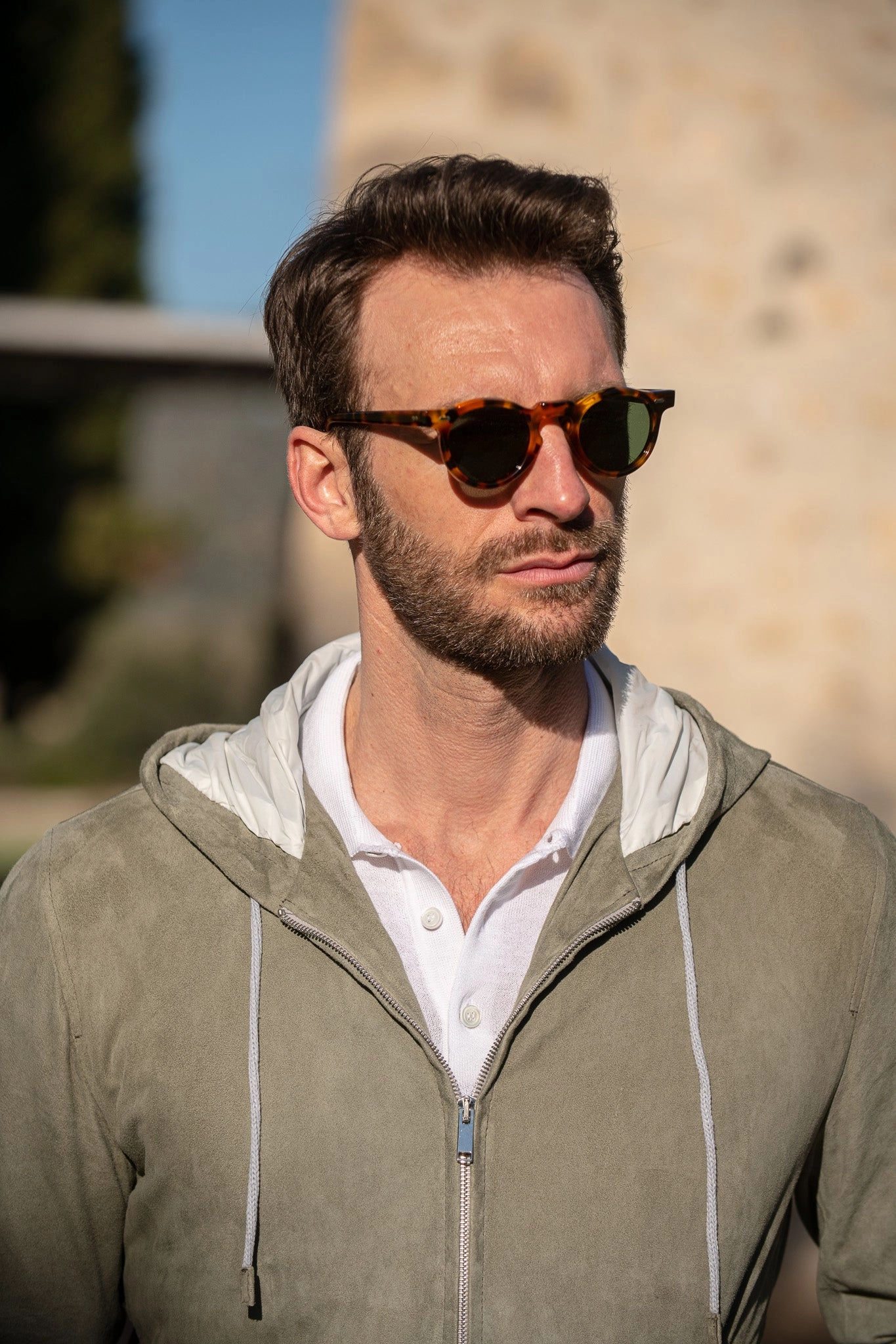 Sage suede hooded bomber jacket ?C Made in Italy