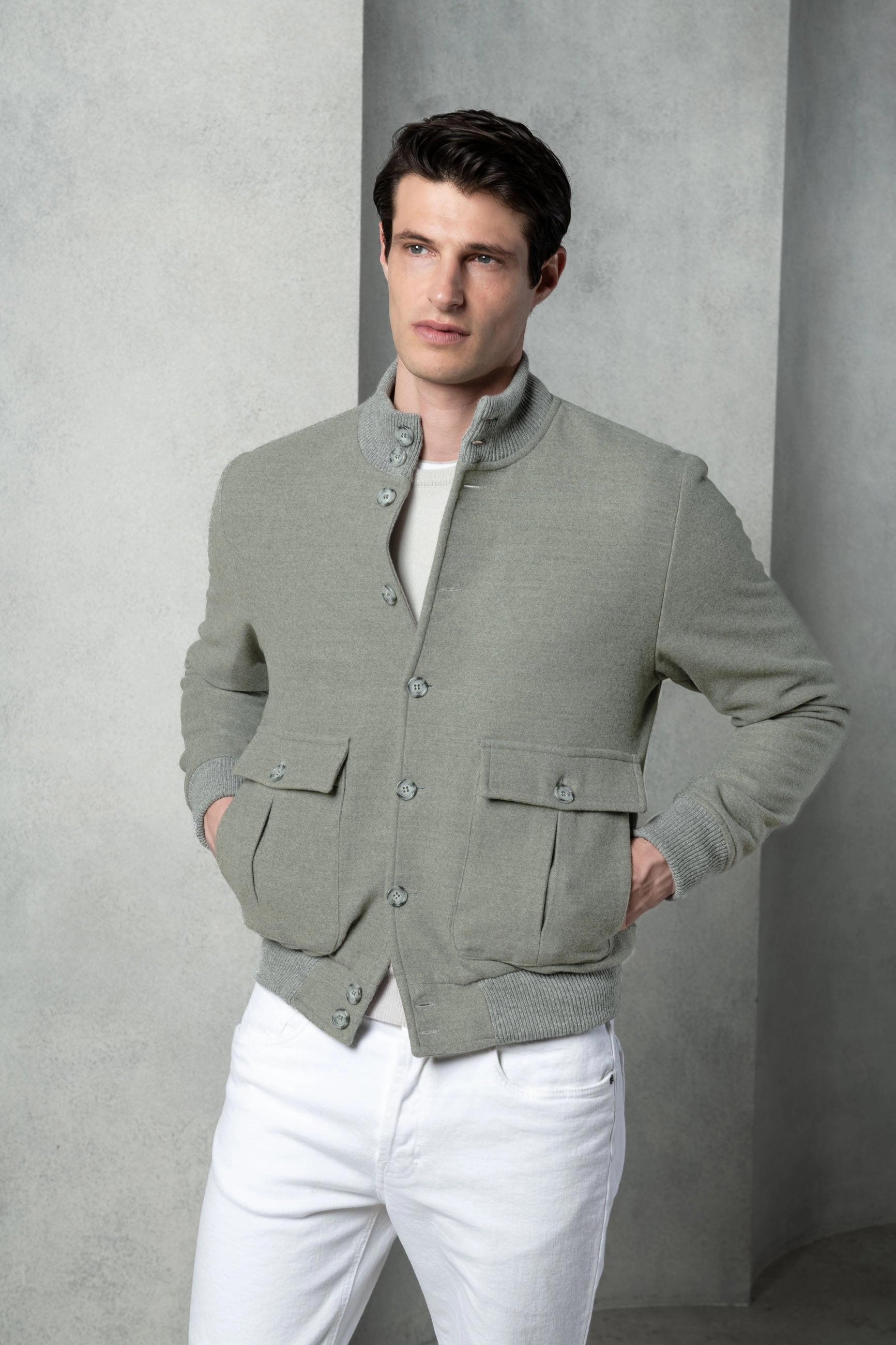 Sage Super 180's wool flannel bomber jacket ?C Made in Italy