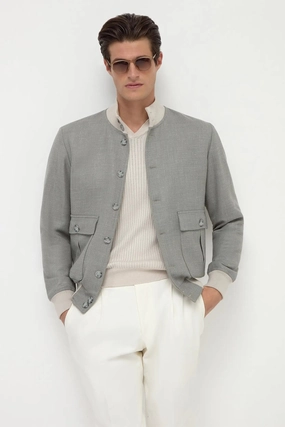 Sage wool silk and linen bomber - Made in Italy