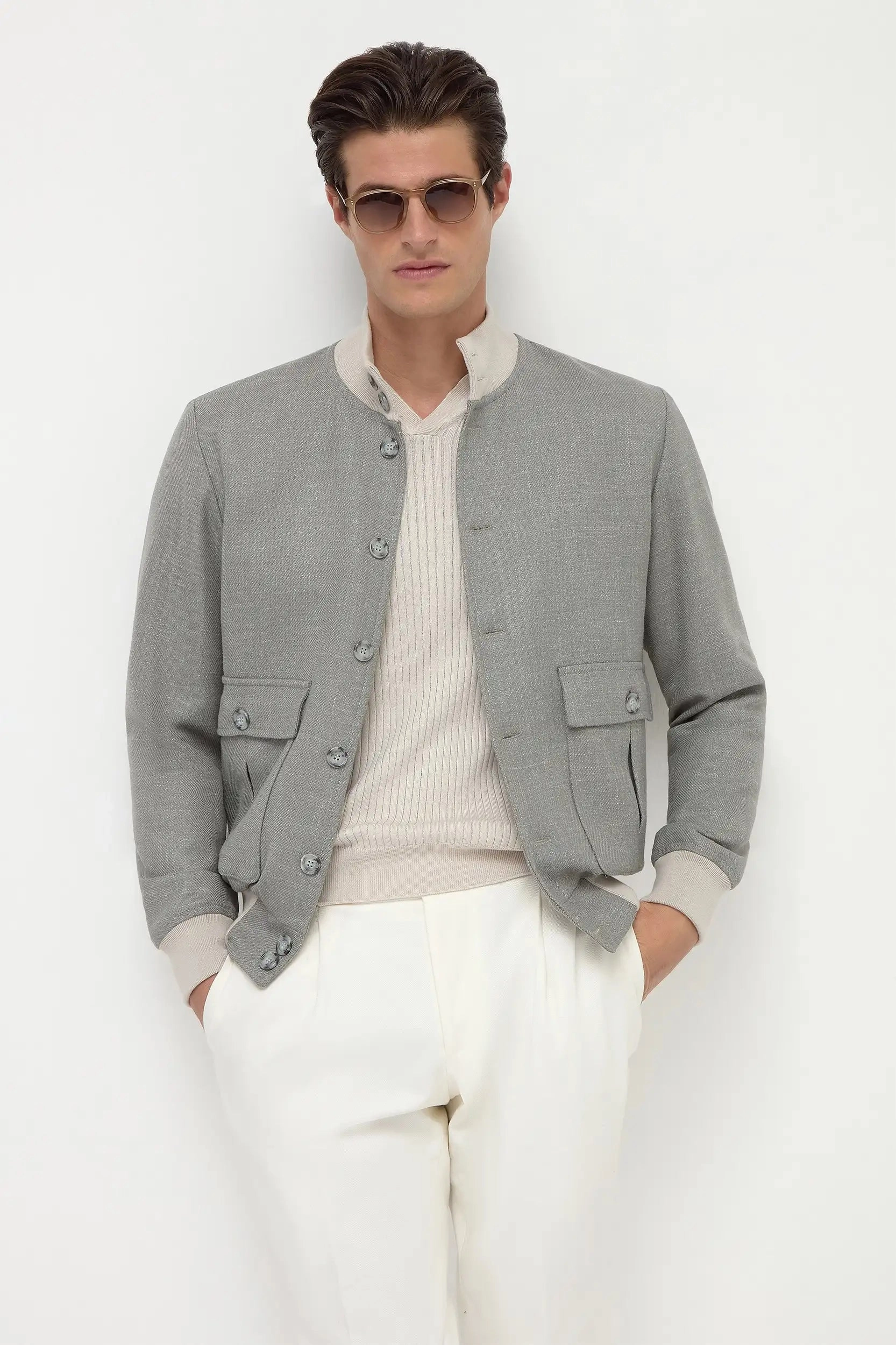 Sage wool silk and linen bomber - Made in Italy