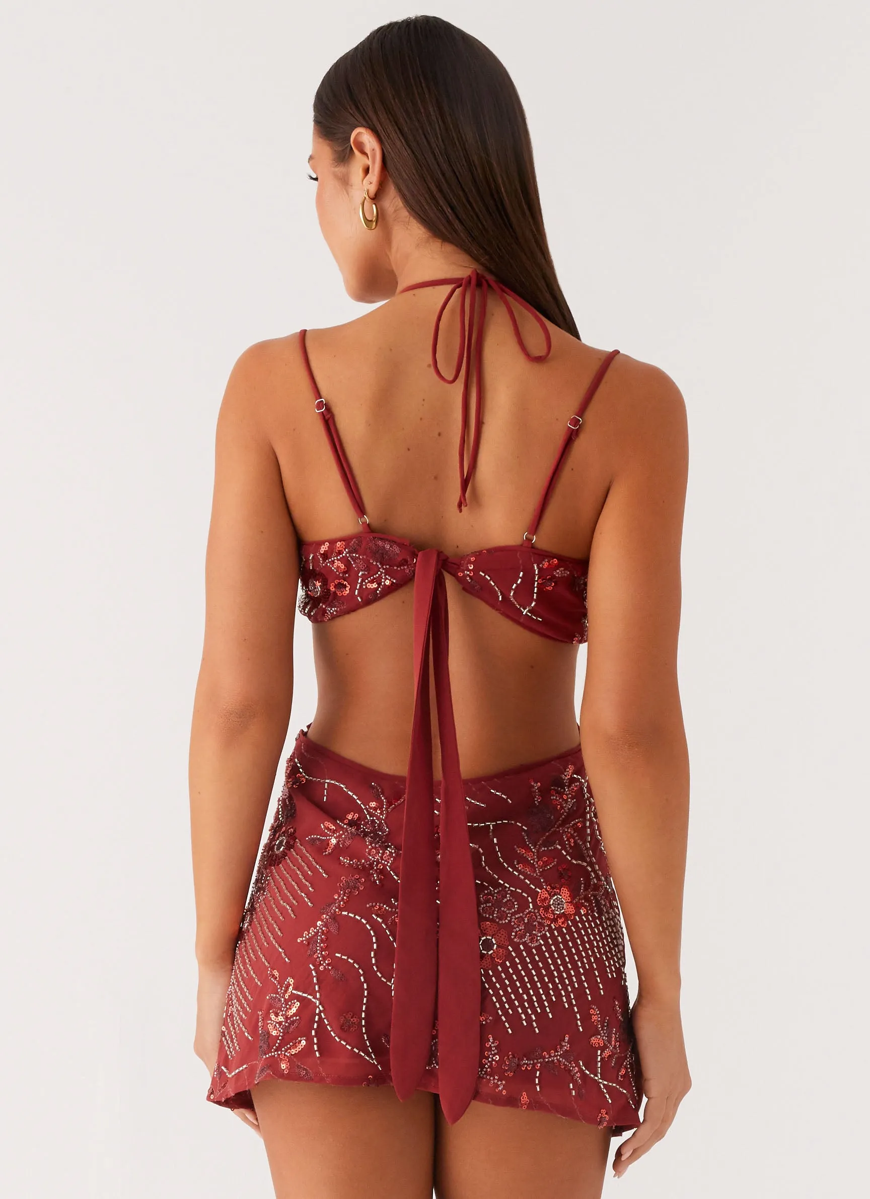 Two Tone Stitching Artistic Design Sahara Nights Beaded Mini Dress - Rust