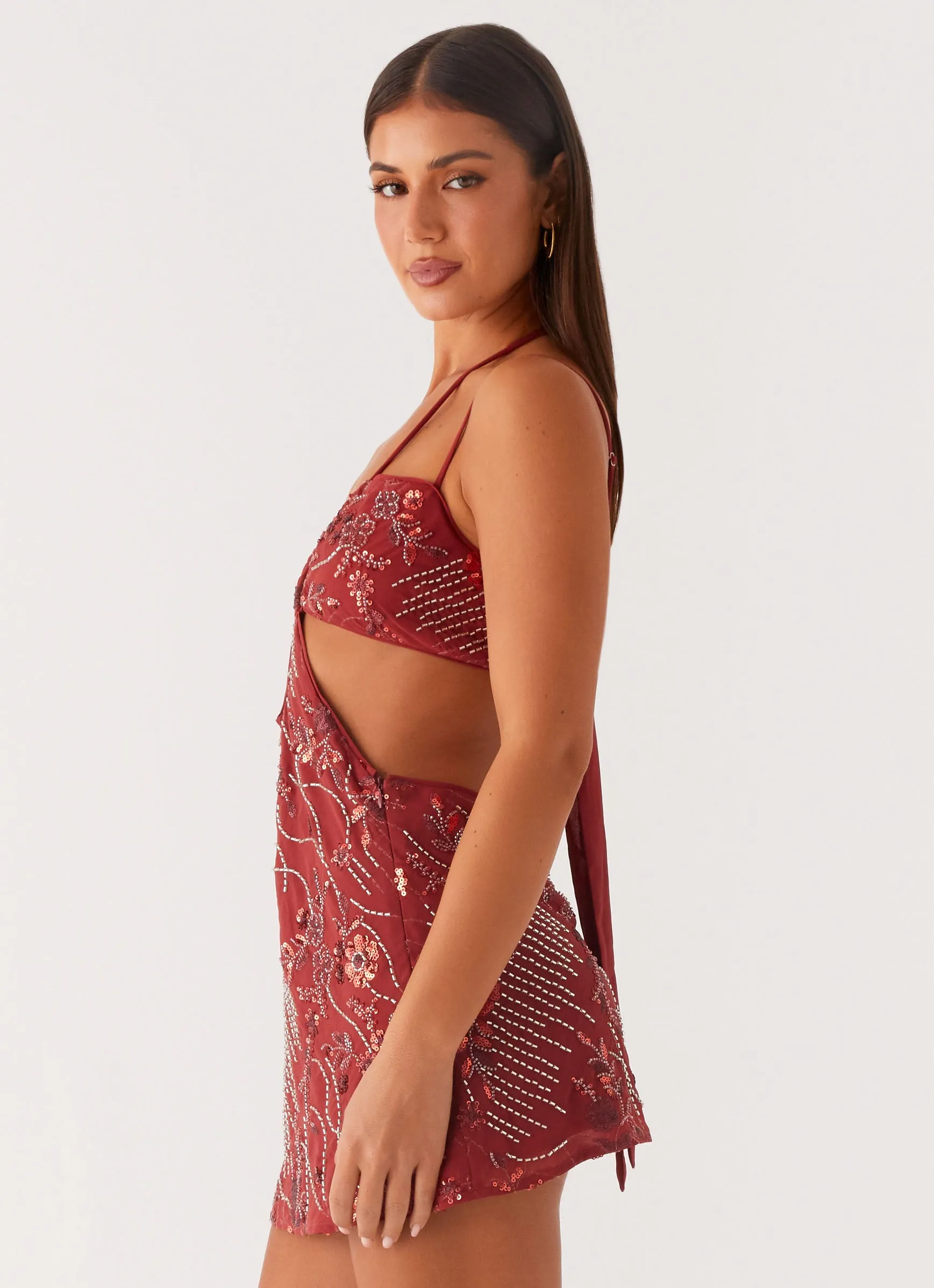 Minimalist Closure Sahara Nights Beaded Mini Dress - Rust