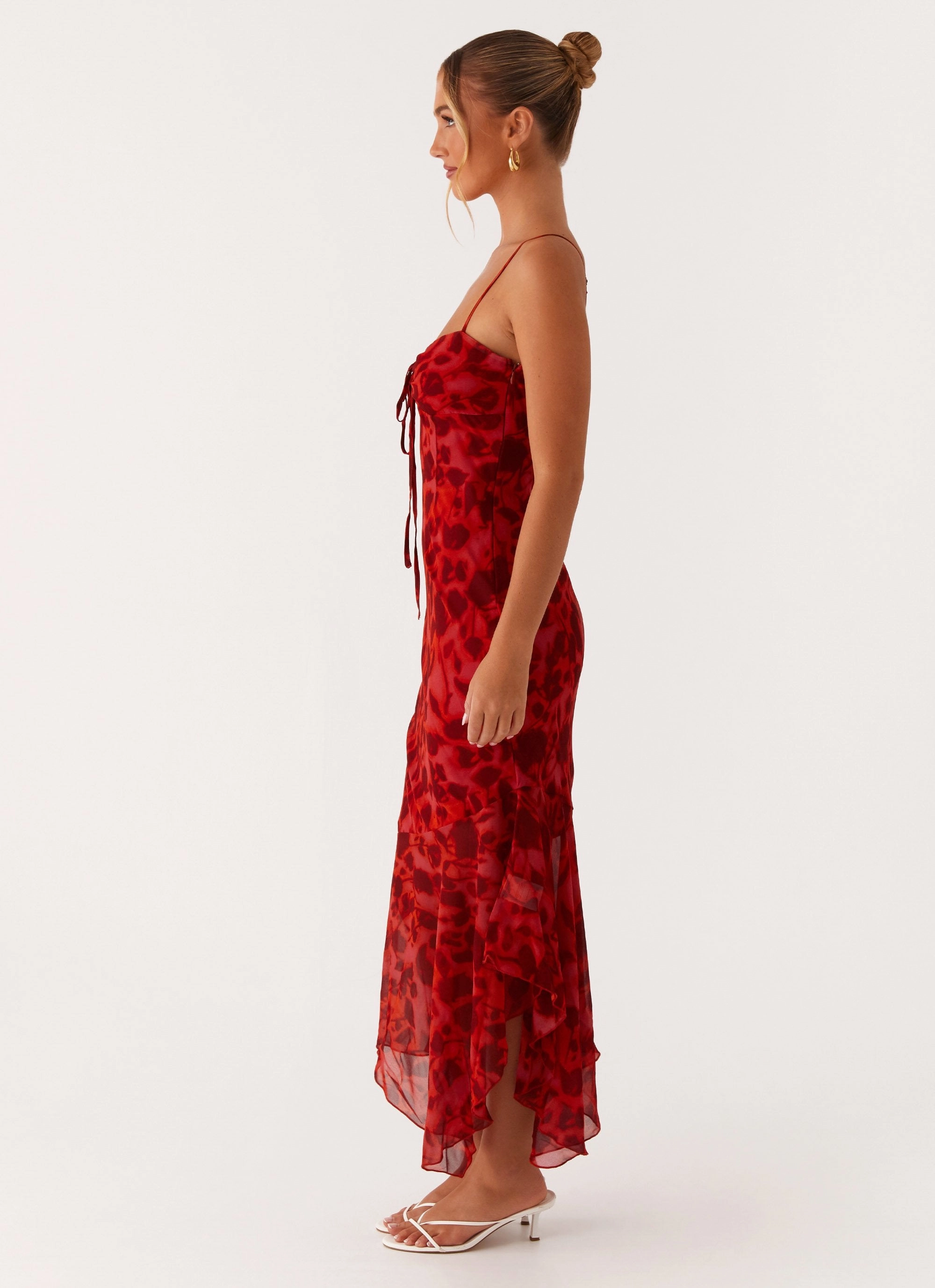 Sally Midi Dress - Deep Red Floral Daytime Mood
