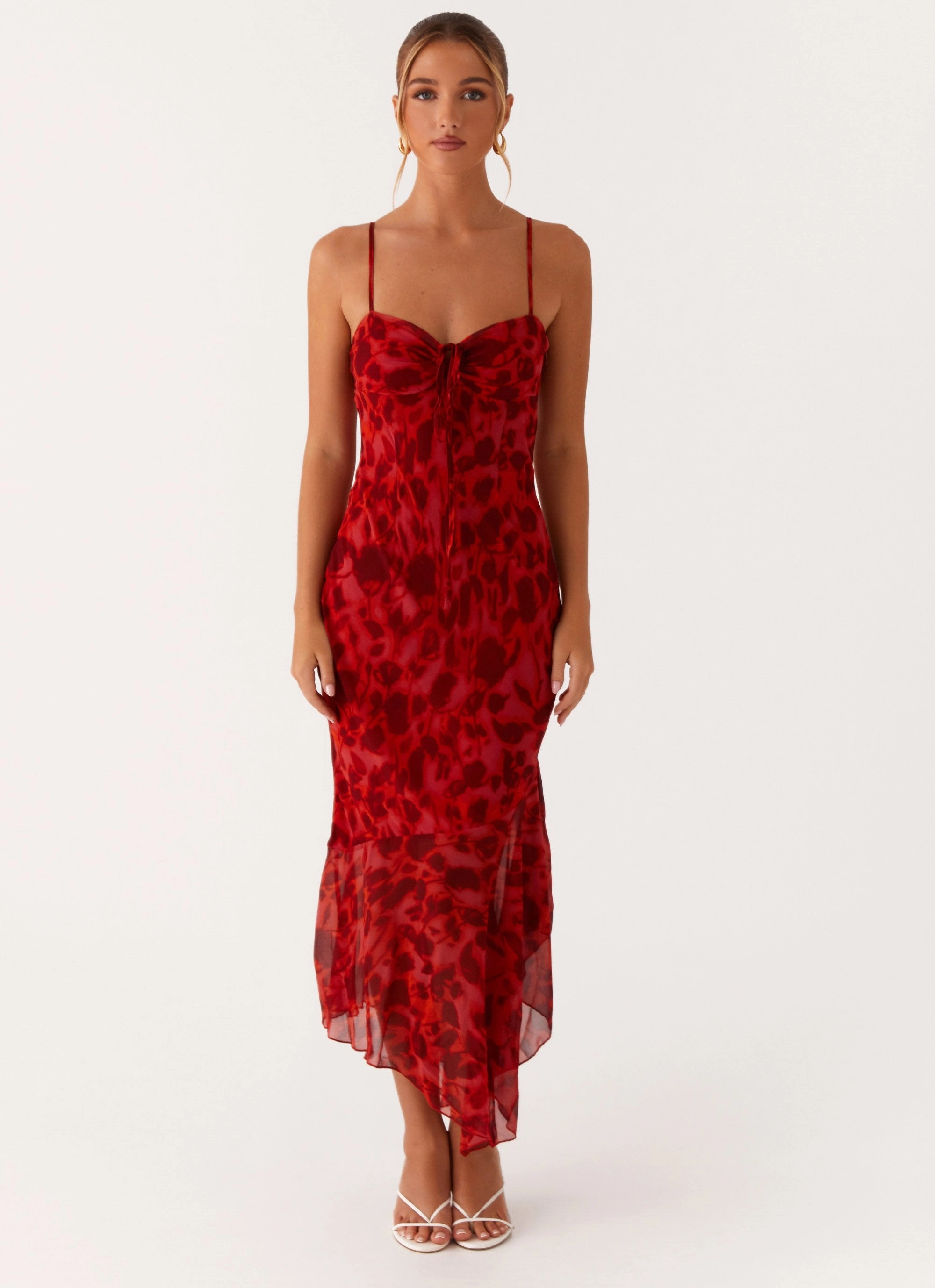Sally Midi Dress - Deep Red Floral Polished Finish Subtle Edge