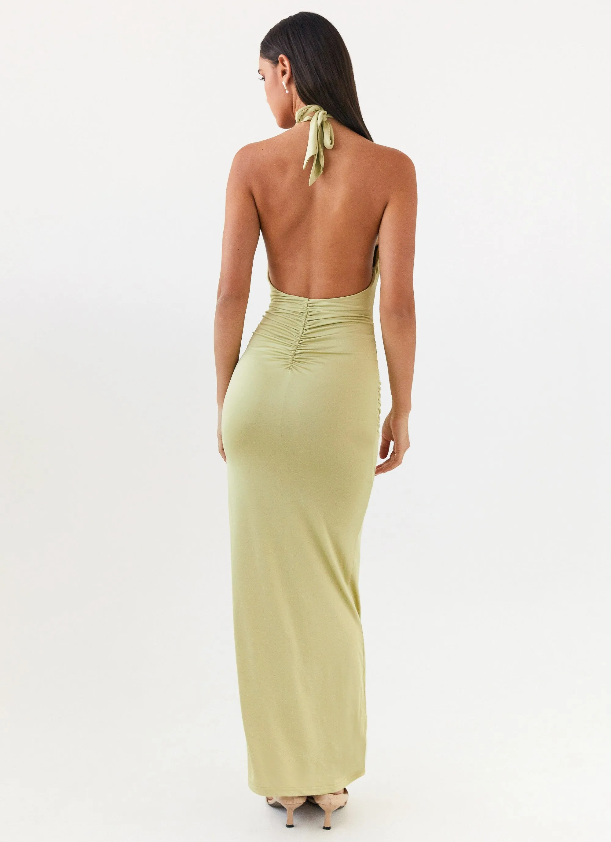Samara Halterneck Maxi Dress - Sage Mesh Insert Distressed finish