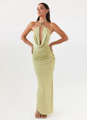 Conference Appropriate Seamless Side Panels Samara Halterneck Maxi Dress - Sage