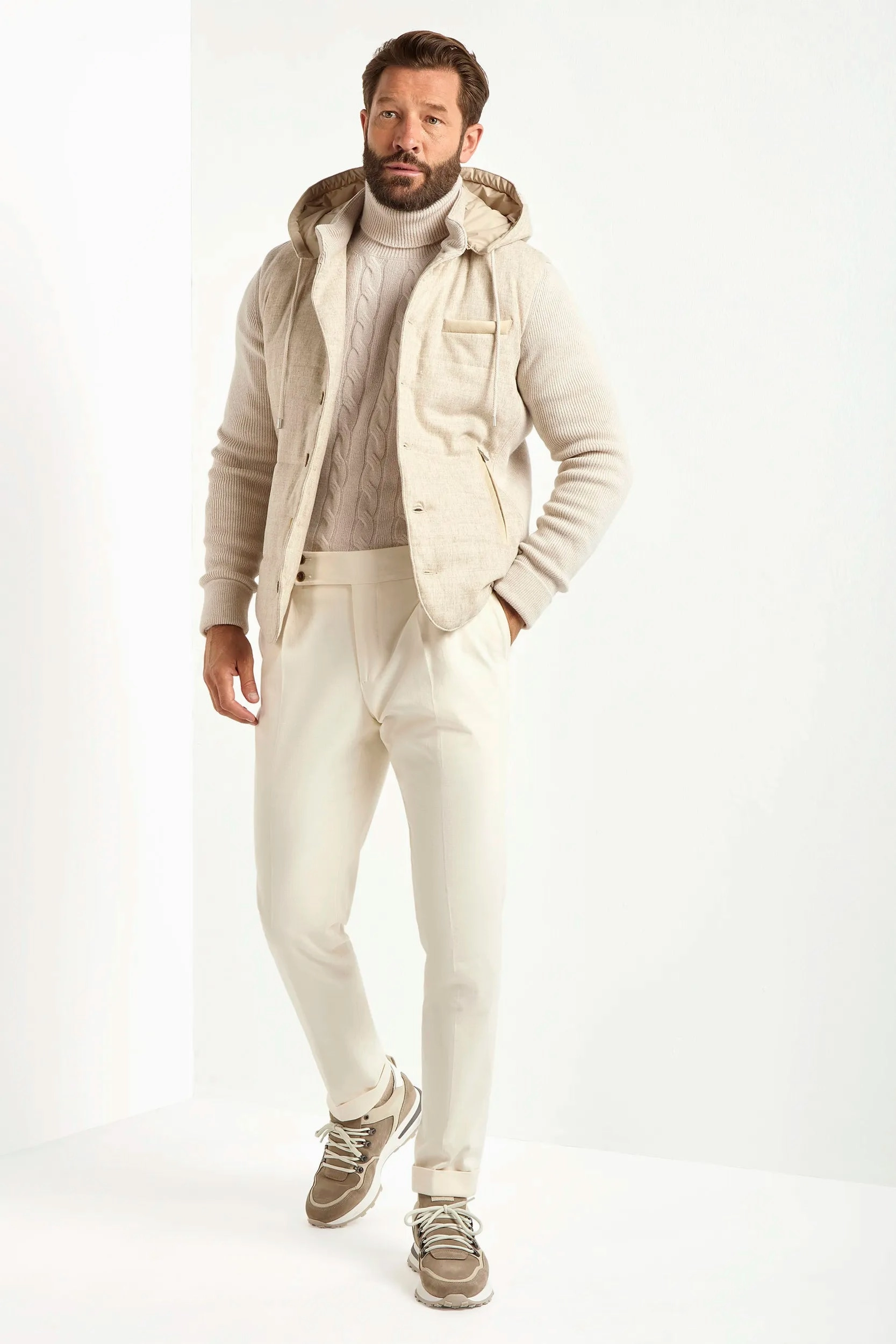 Sand flannel and knit hooded jacket - Made in Italy