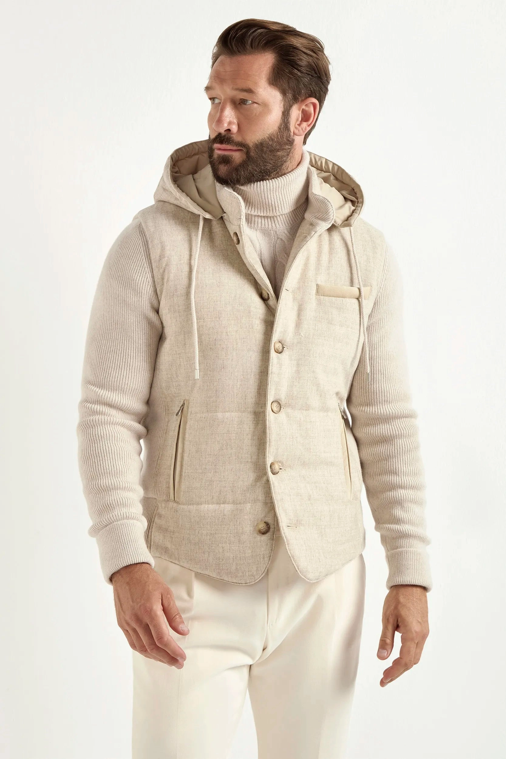 Sand flannel and knit hooded jacket - Made in Italy
